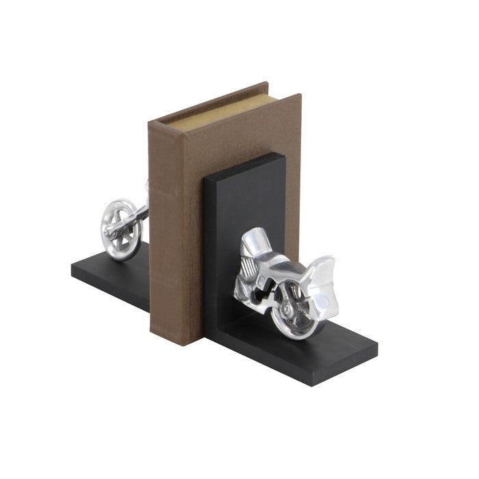 Wooden L Shaped Bookend with Metal Motorbike Sculpture, Black