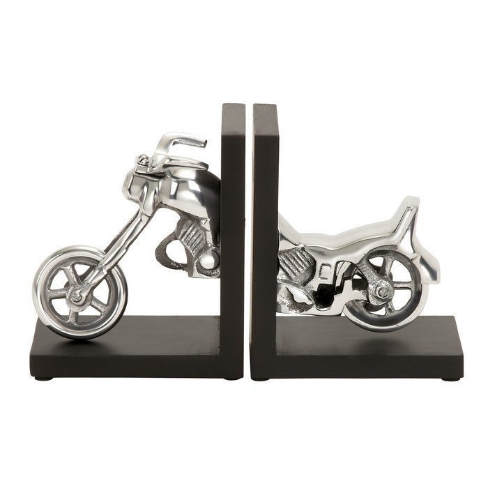Wooden L Shaped Bookend with Metal Motorbike Sculpture, Black