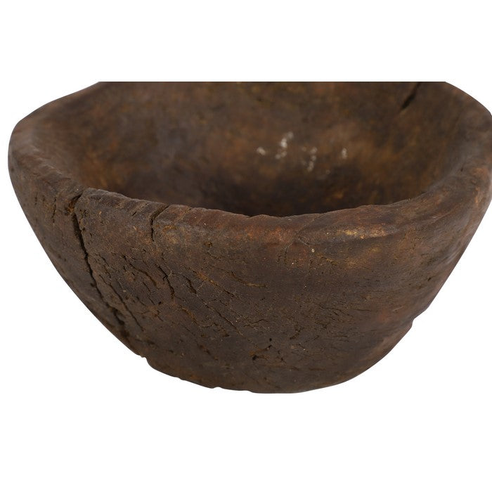 Antique Style Wooden Bowl with Textured Details, Dark Brown