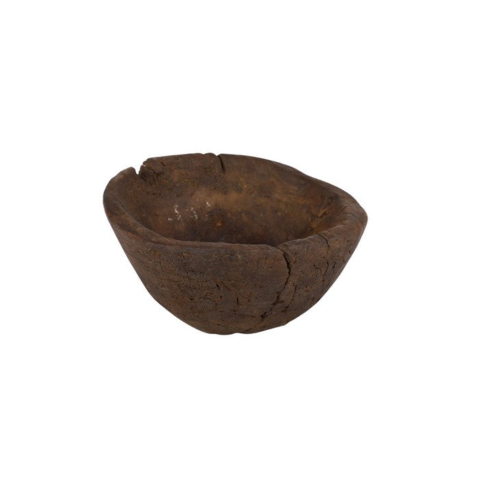 Antique Style Wooden Bowl with Textured Details, Dark Brown