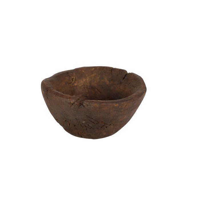 Antique Style Wooden Bowl with Textured Details, Dark Brown