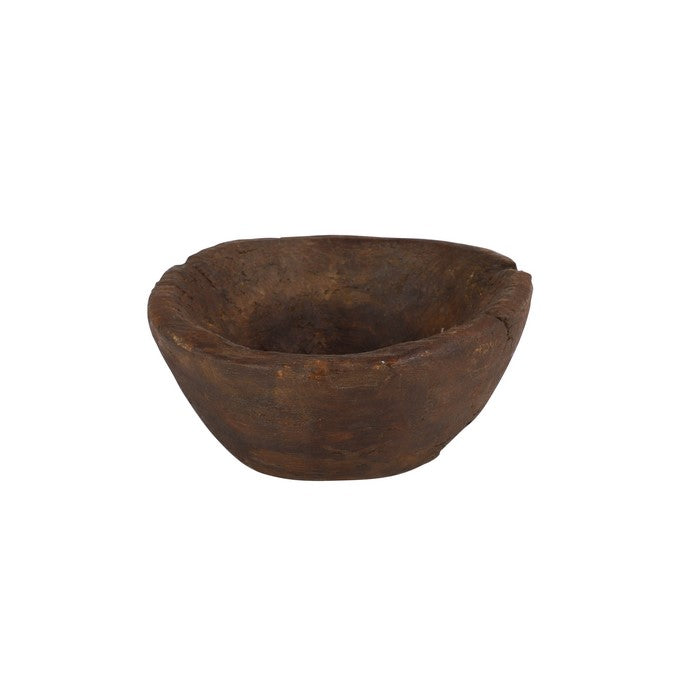 Antique Style Wooden Bowl with Textured Details, Dark Brown