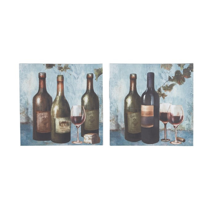 Wooden Canvas with Painted Wine Bottles and Glass, Set of 2, Green