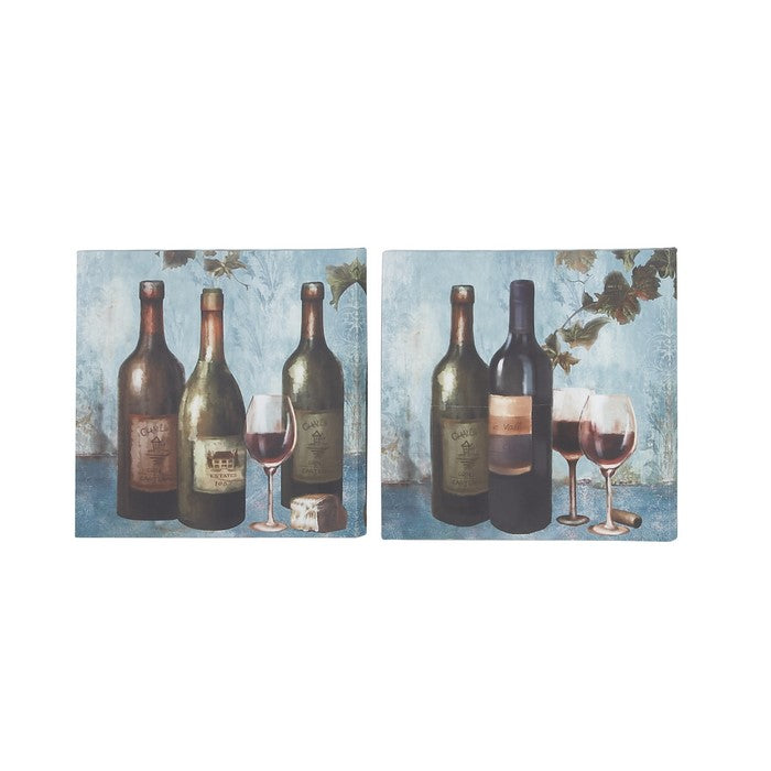 Wooden Canvas with Painted Wine Bottles and Glass, Set of 2, Green