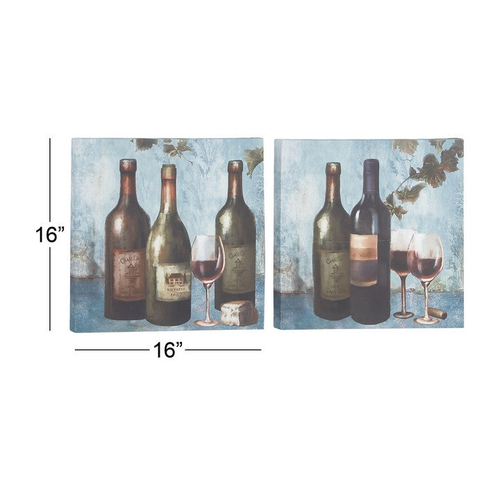 Wooden Canvas with Painted Wine Bottles and Glass, Set of 2, Green