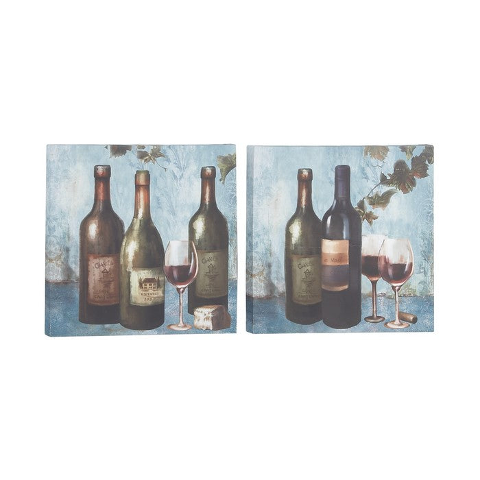 Wooden Canvas with Painted Wine Bottles and Glass, Set of 2, Green