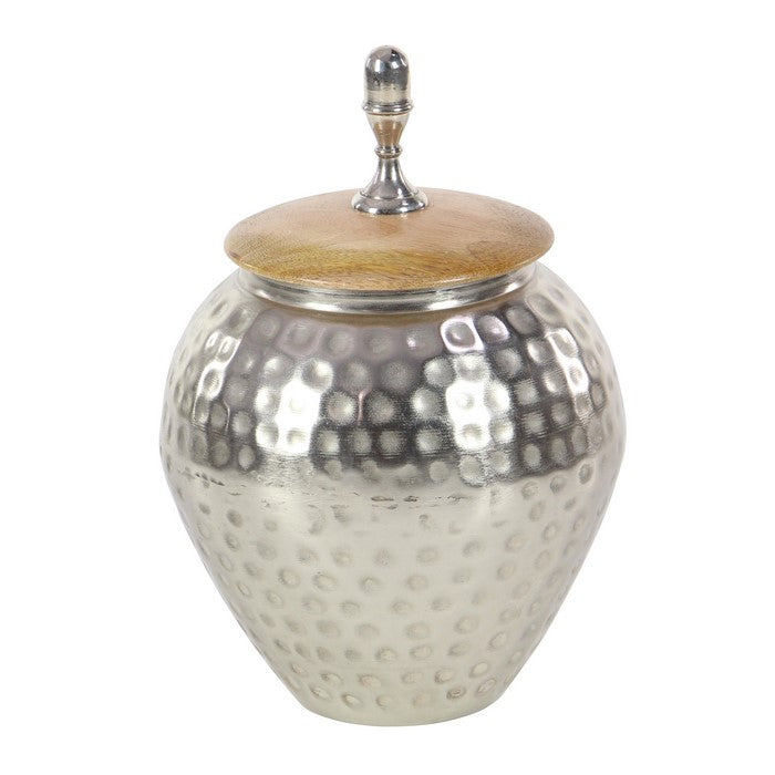 Pot Bellied Shape Metal Jar with Wooden Lid and Hammered Detail, Silver