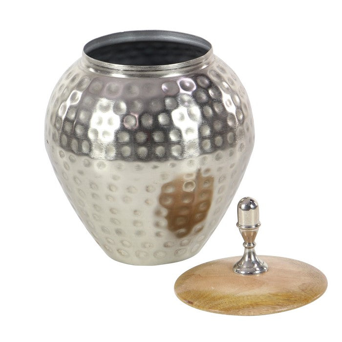 Pot Bellied Shape Metal Jar with Wooden Lid and Hammered Detail, Silver