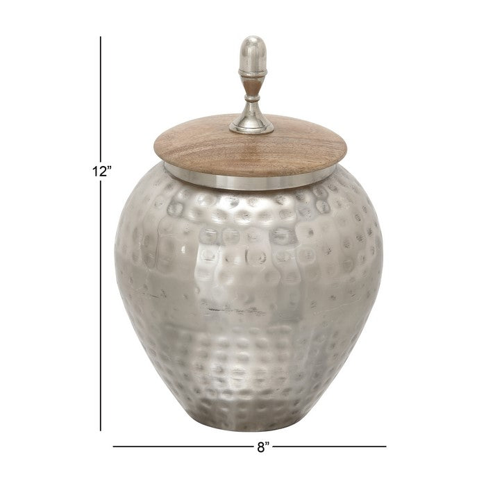 Pot Bellied Shape Metal Jar with Wooden Lid and Hammered Detail, Silver