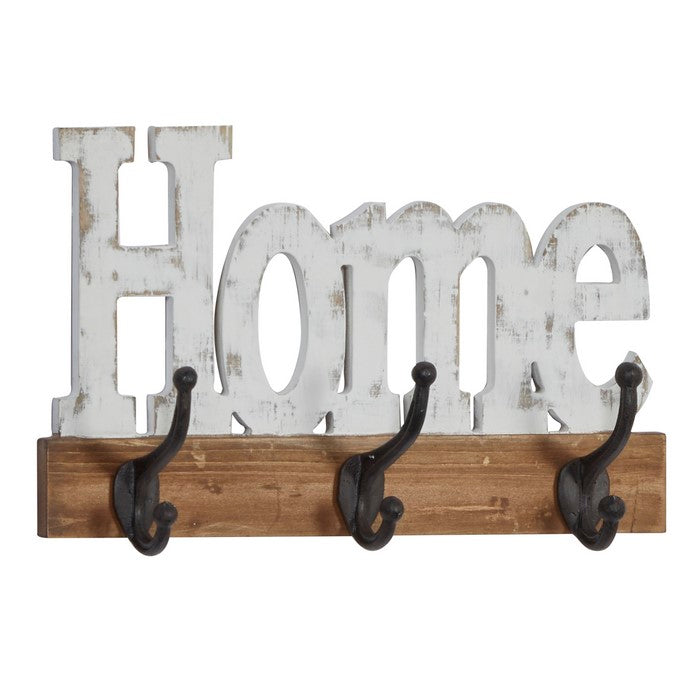 Carved HOME Wall Hanger with 3 Metal Hooks, Distressed White and Black