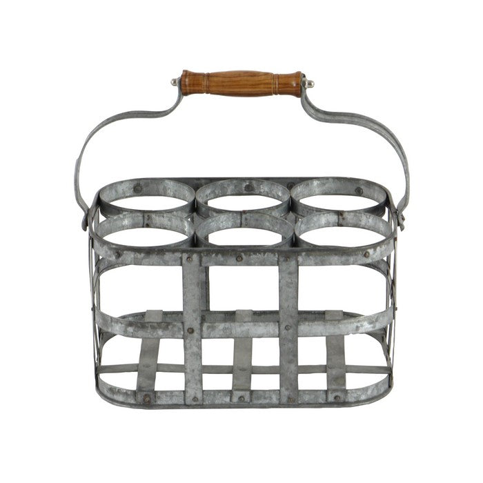 Metal Wine Holder with Grid Design Frame and Wooden Handle, Silver