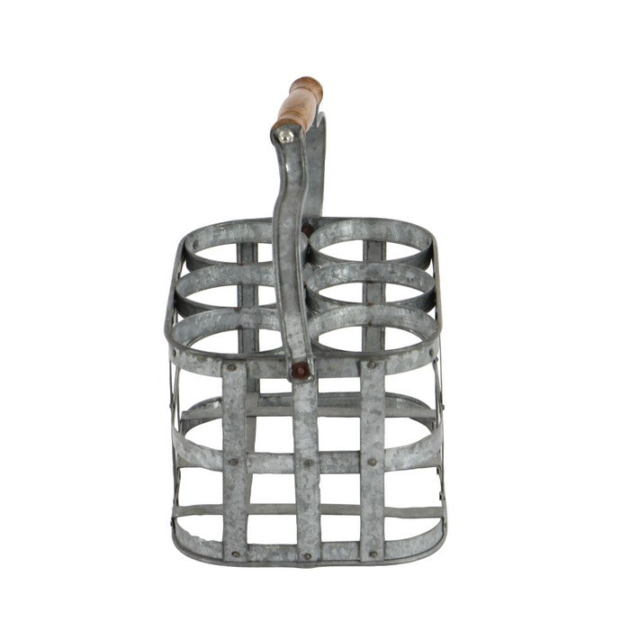 Metal Wine Holder with Grid Design Frame and Wooden Handle, Silver