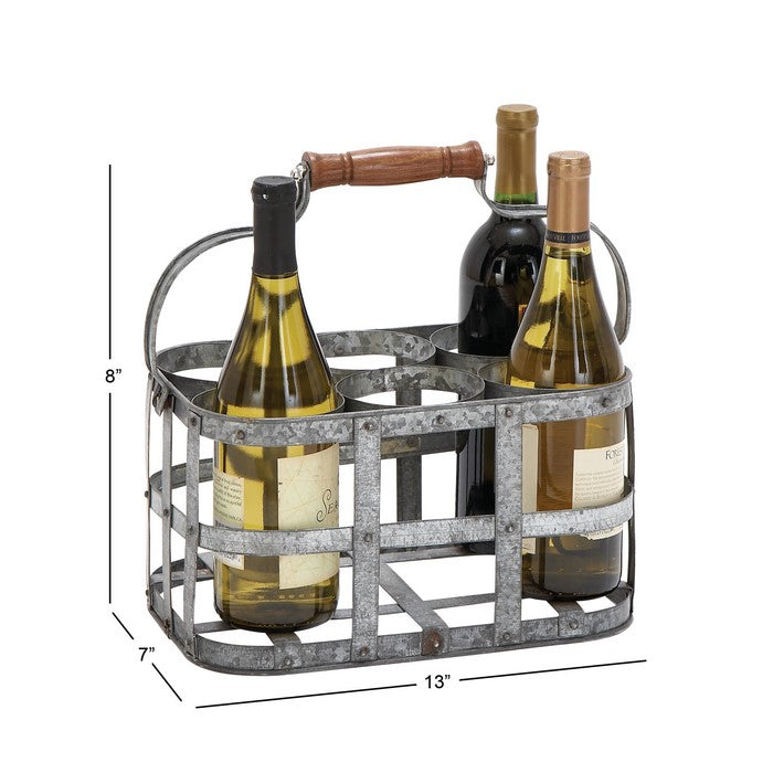 Metal Wine Holder with Grid Design Frame and Wooden Handle, Silver