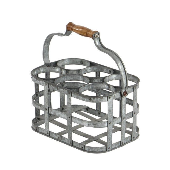 Metal Wine Holder with Grid Design Frame and Wooden Handle, Silver