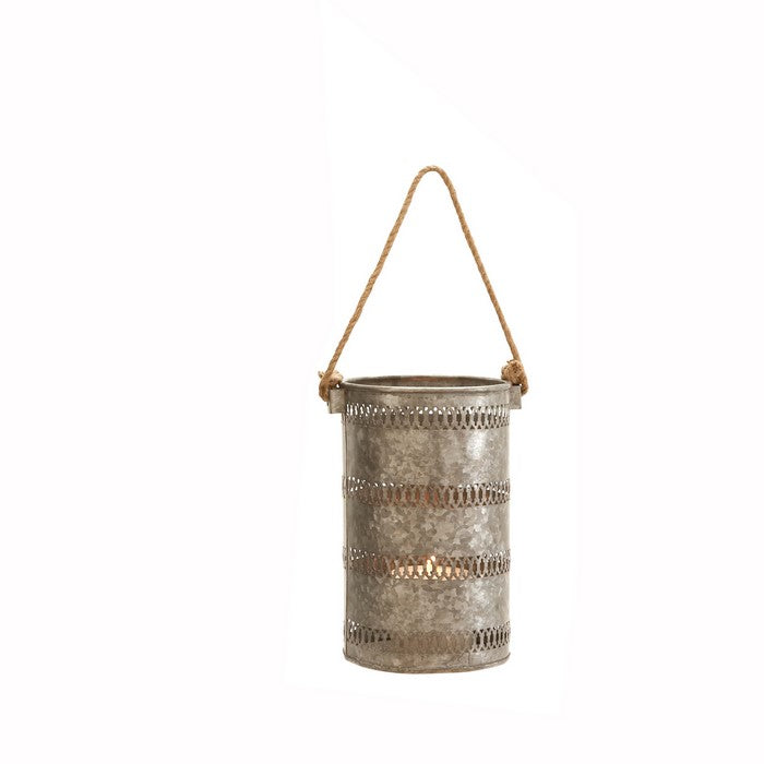 Metal Lantern with Cut Out Design and Rope Handles,Set of 2,Galvanized Gray