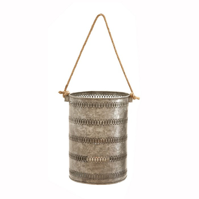 Metal Lantern with Cut Out Design and Rope Handles,Set of 2,Galvanized Gray