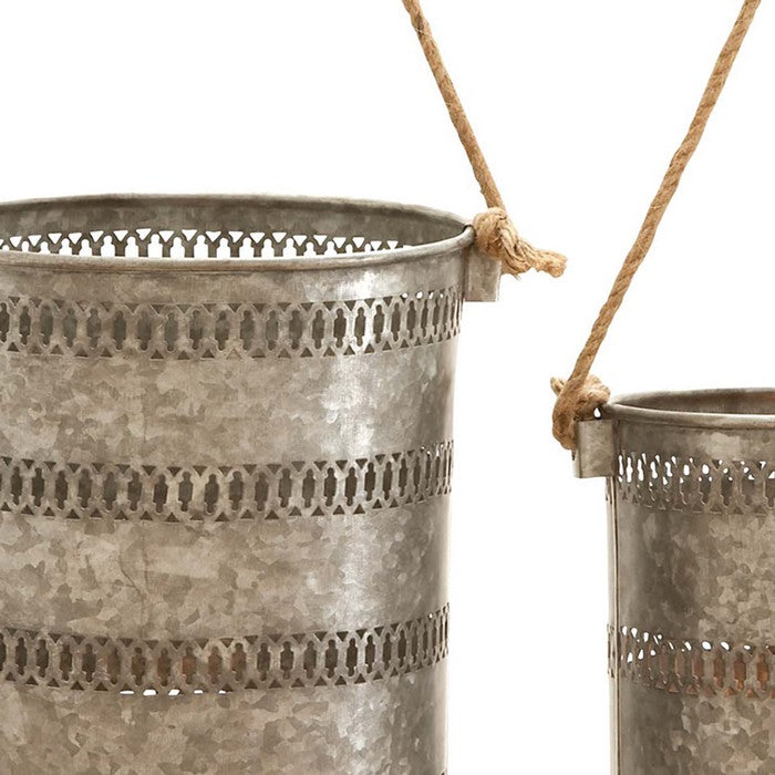 Metal Lantern with Cut Out Design and Rope Handles,Set of 2,Galvanized Gray