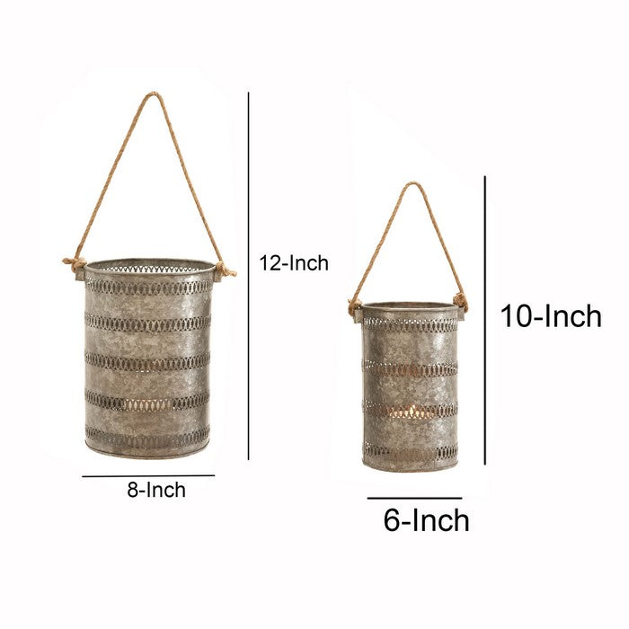 Metal Lantern with Cut Out Design and Rope Handles,Set of 2,Galvanized Gray