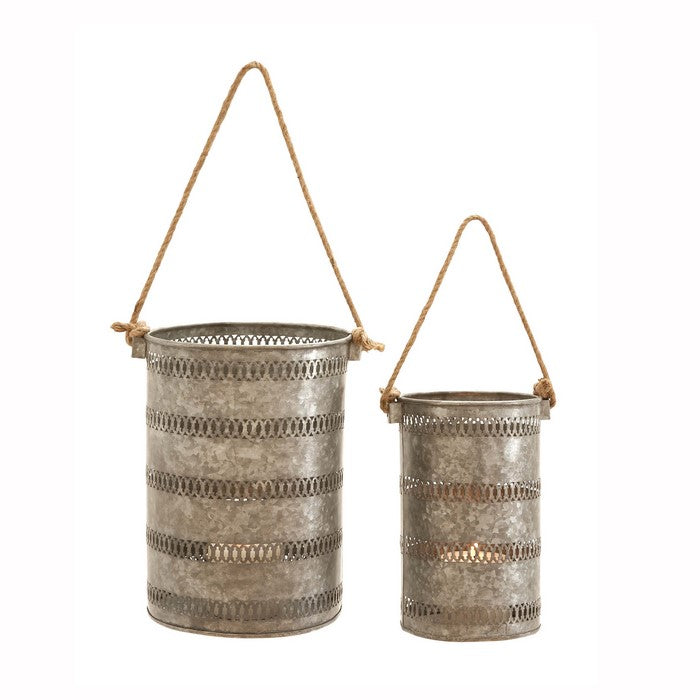 Metal Lantern with Cut Out Design and Rope Handles,Set of 2,Galvanized Gray
