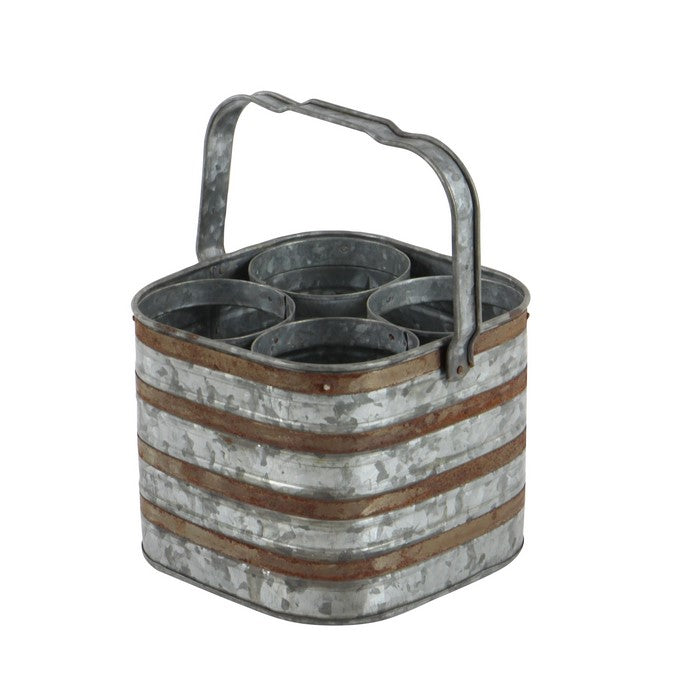 Farmhouse Rectangular Metal Bottle Holder with 4 Slots, Galvanized Gray