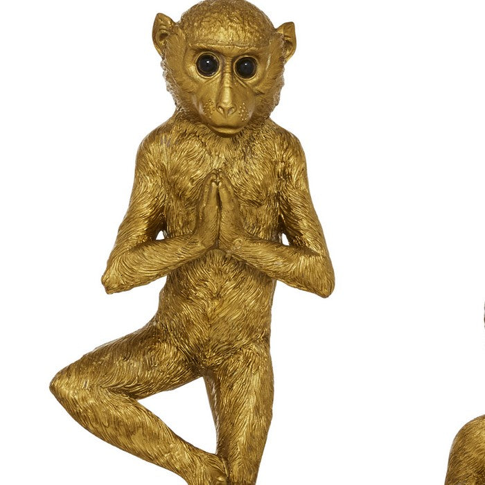 Polyresin Yoga Monkey Figurine with Fur like Texture, Set of 3, Gold