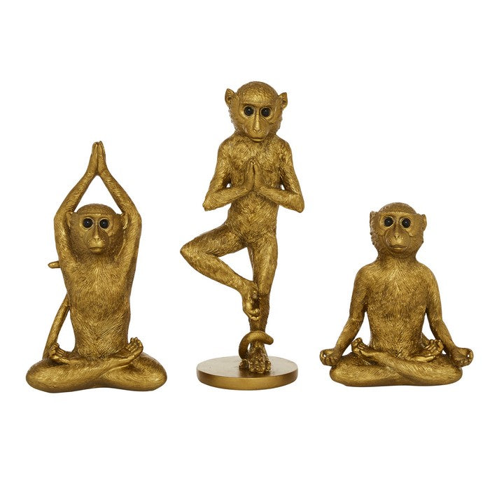 Polyresin Yoga Monkey Figurine with Fur like Texture, Set of 3, Gold