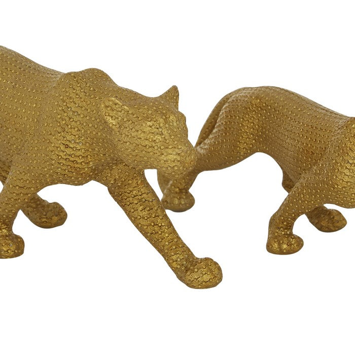 Polyresin Forward Moving Jaguar Figurine with Studded Design, Set of 2,Gold
