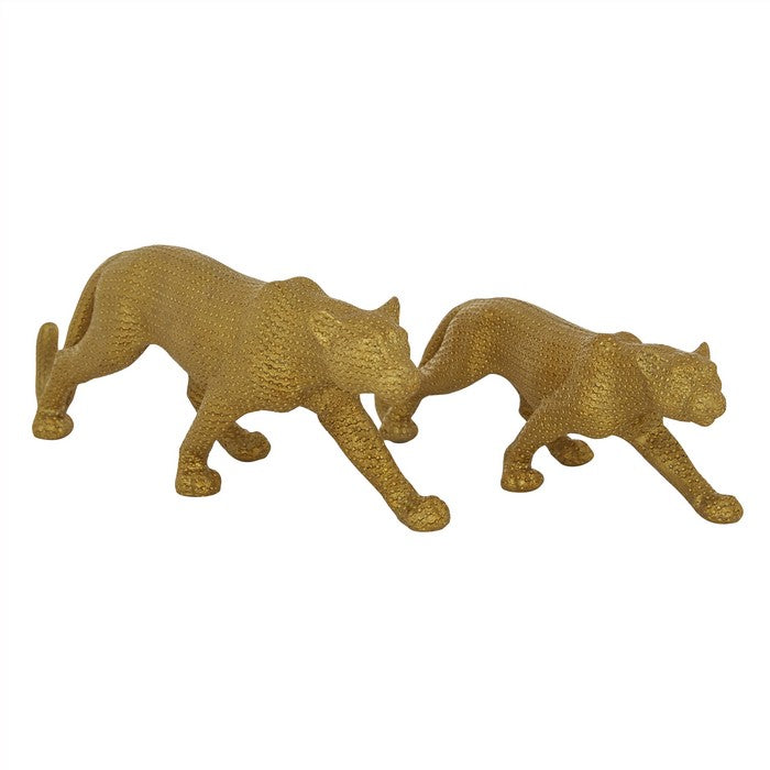 Polyresin Forward Moving Jaguar Figurine with Studded Design, Set of 2,Gold