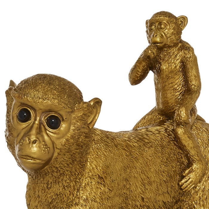Polyresin Standing Monkey Figurine with Baby, Gold