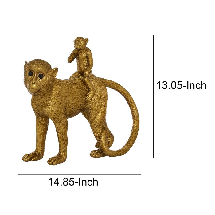 Polyresin Standing Monkey Figurine with Baby, Gold