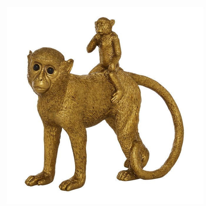 Polyresin Standing Monkey Figurine with Baby, Gold