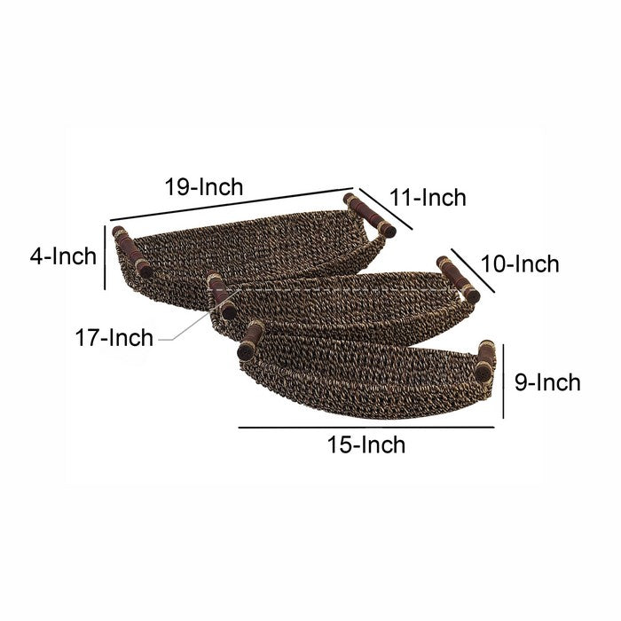 Farmhouse Style Seagrass Basket with Metal Handles, Set of 3, Brown