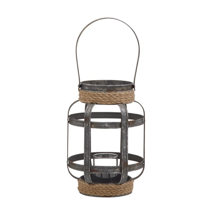Industrial Metal Cage Lantern with Rope Encased Round Top and Bottom, Gray