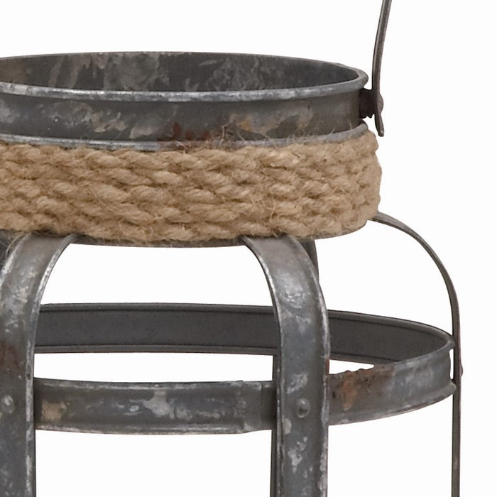 Industrial Metal Cage Lantern with Rope Encased Round Top and Bottom, Gray