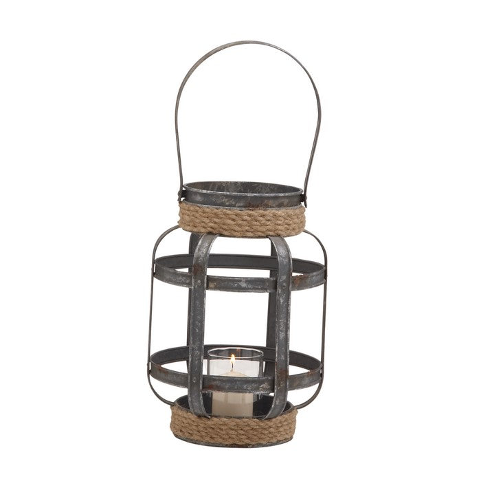 Industrial Metal Cage Lantern with Rope Encased Round Top and Bottom, Gray