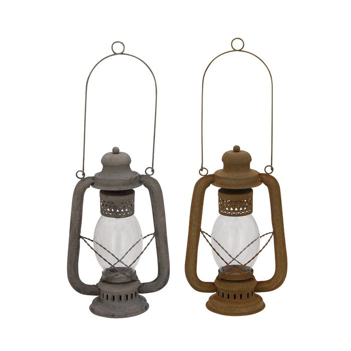 Metal Lantern with Glass Case and Cut Out Detail, Set of 2, Gray and Bronze