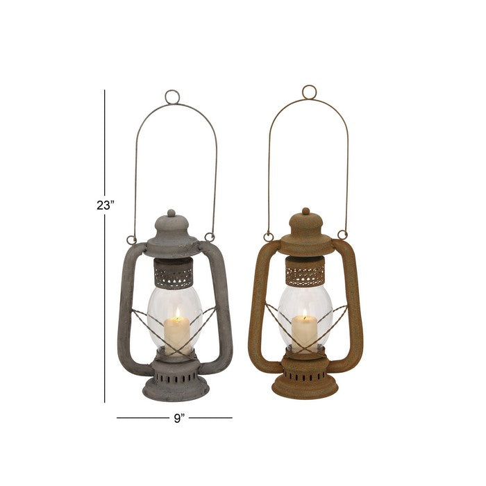 Metal Lantern with Glass Case and Cut Out Detail, Set of 2, Gray and Bronze