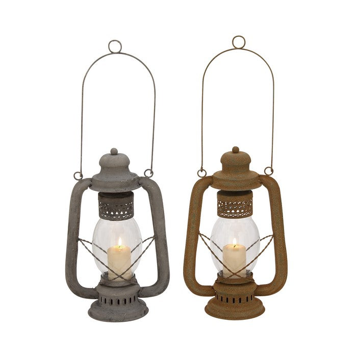Metal Lantern with Glass Case and Cut Out Detail, Set of 2, Gray and Bronze