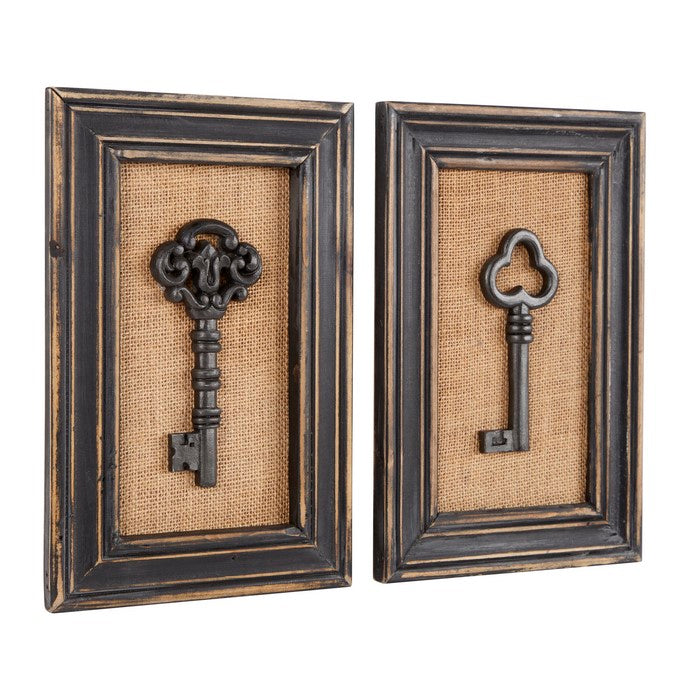 Rectangular Wooden Frame Wall Decor with Antique Key Design,Set of 2,Black