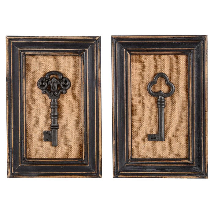 Rectangular Wooden Frame Wall Decor with Antique Key Design,Set of 2,Black