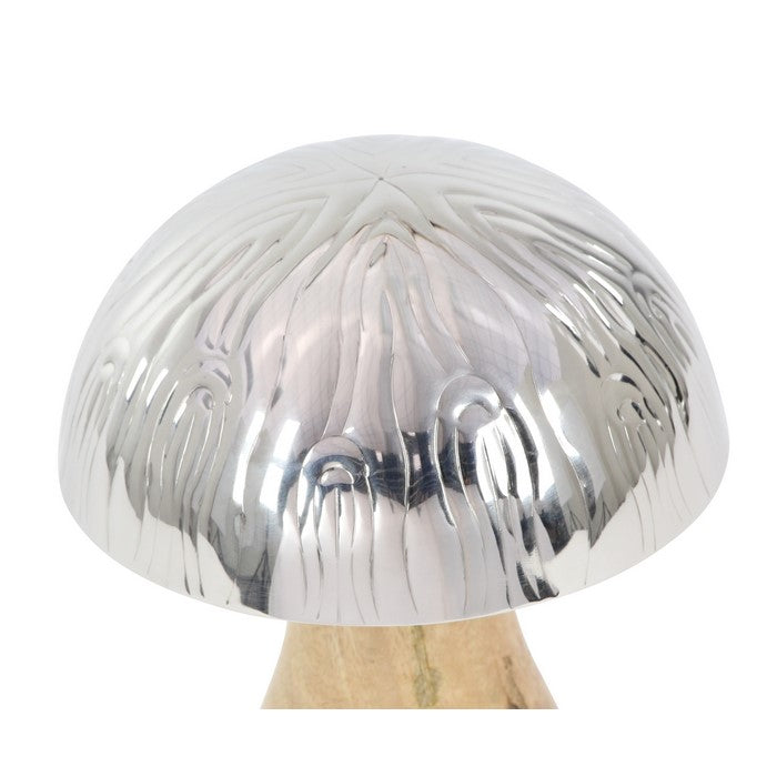 Handmade Metal and Wooden Mushroom Statue Table Decor, Silver and Brown
