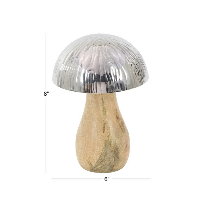 Handmade Metal and Wooden Mushroom Statue Table Decor, Silver and Brown