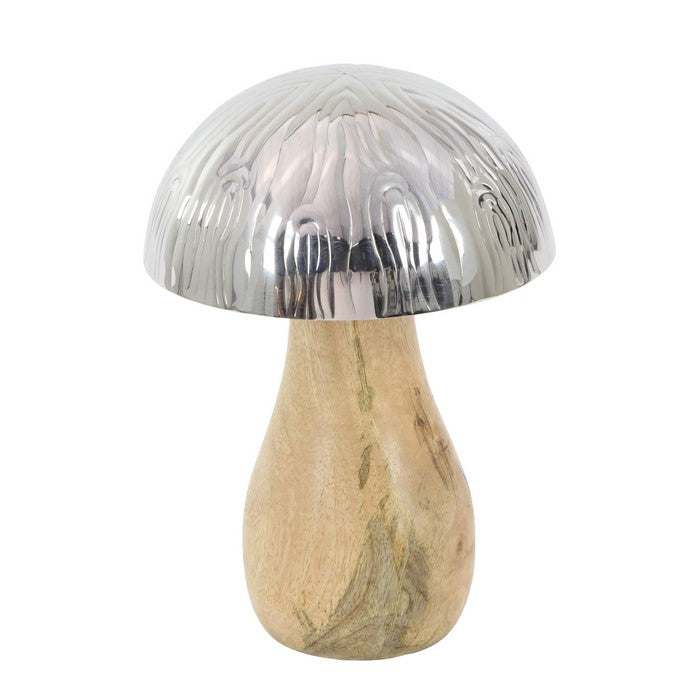 Handmade Metal and Wooden Mushroom Statue Table Decor, Silver and Brown