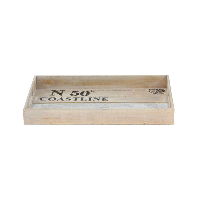 Rectangular Wooden Tray with Steel Accent and Carved Handle,Set of 2,Brown