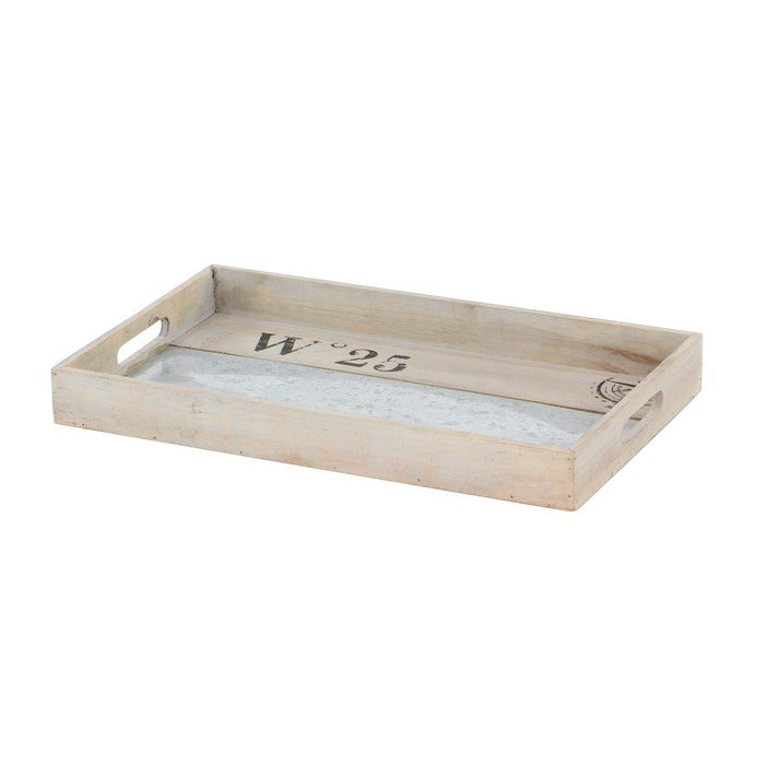 Rectangular Wooden Tray with Steel Accent and Carved Handle,Set of 2,Brown