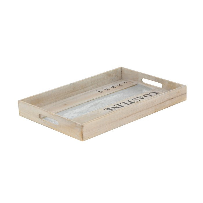 Rectangular Wooden Tray with Steel Accent and Carved Handle,Set of 2,Brown