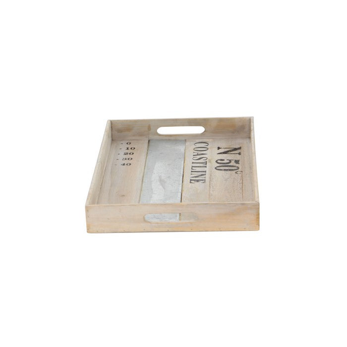 Rectangular Wooden Tray with Steel Accent and Carved Handle,Set of 2,Brown