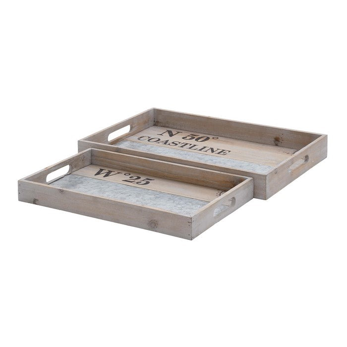 Rectangular Wooden Tray with Steel Accent and Carved Handle,Set of 2,Brown
