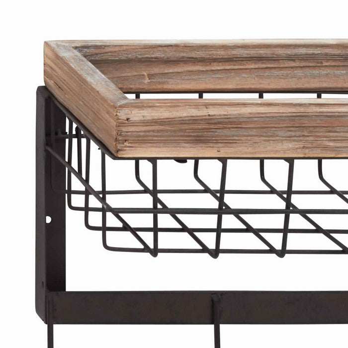 Rectangular Frame Wall Basket with Metal Grid Design Case, Brown and Black