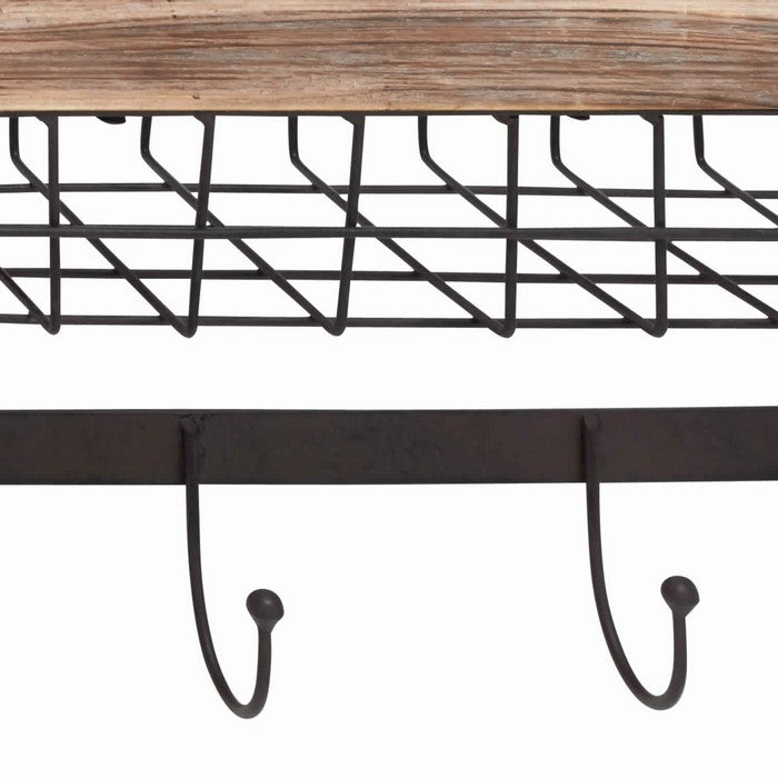 Rectangular Frame Wall Basket with Metal Grid Design Case, Brown and Black